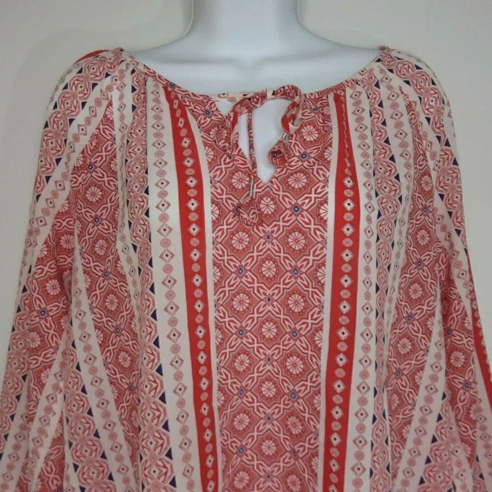 SanctuaryĀ WomensāTie Neck Peasant Blouse Shirt Top S Red White GeometricāPrint